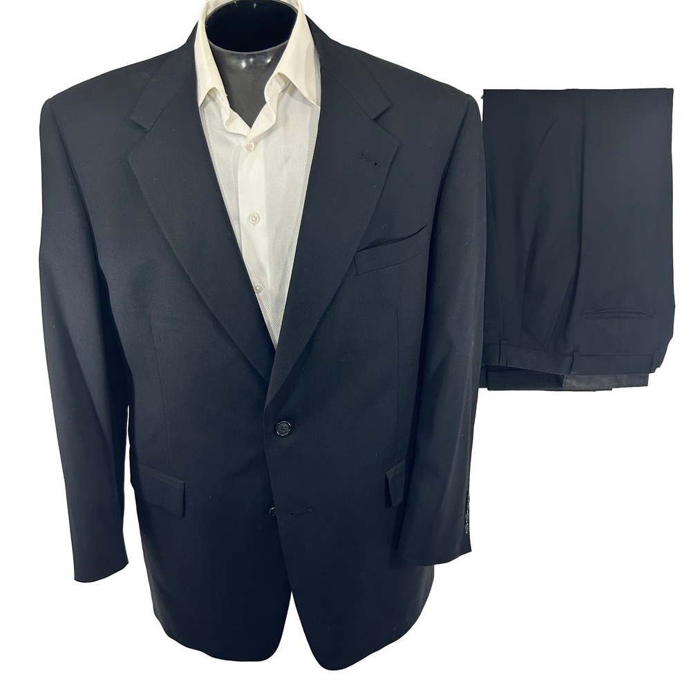 Hart Schaffner Marx Suit Mens 46R 35x30 True Solid Black Gold Trumpeter Wool